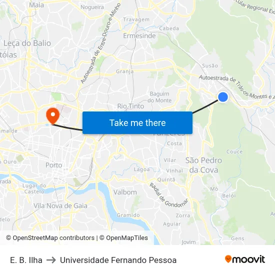 E. B. Ilha to Universidade Fernando Pessoa map