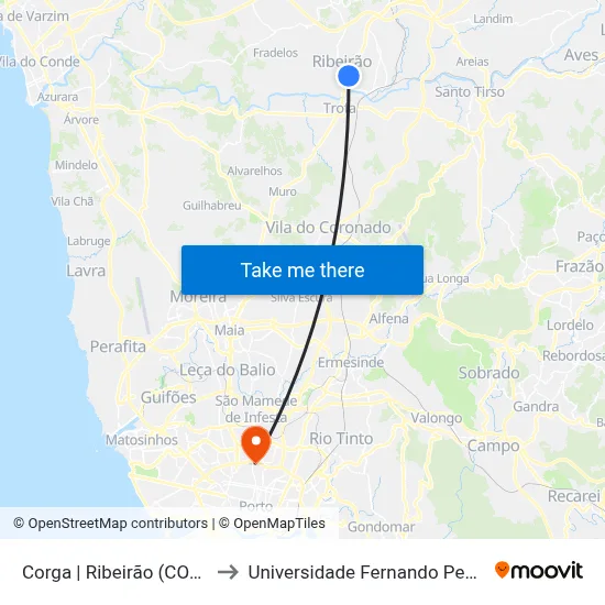 Corga | Ribeirão (CORIB) to Universidade Fernando Pessoa map