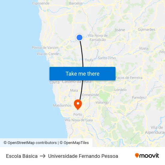 Escola Básica to Universidade Fernando Pessoa map