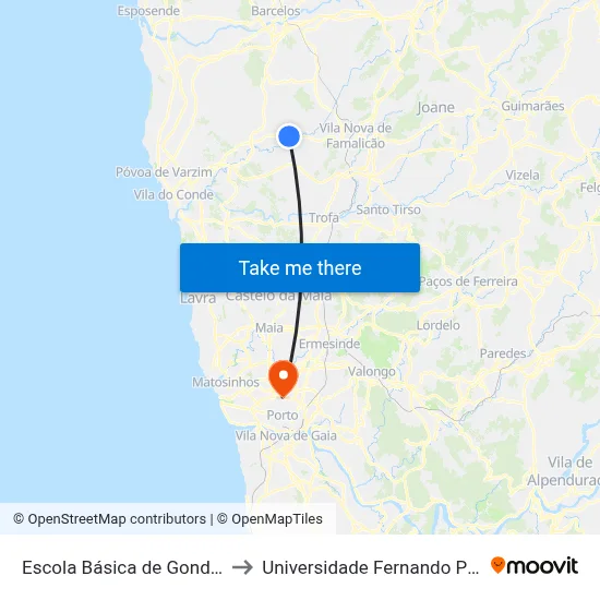 Escola Básica de Gondifelos to Universidade Fernando Pessoa map