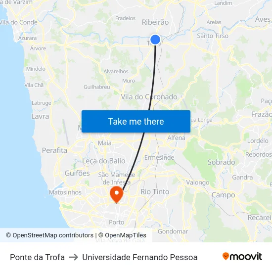 Ponte da Trofa to Universidade Fernando Pessoa map