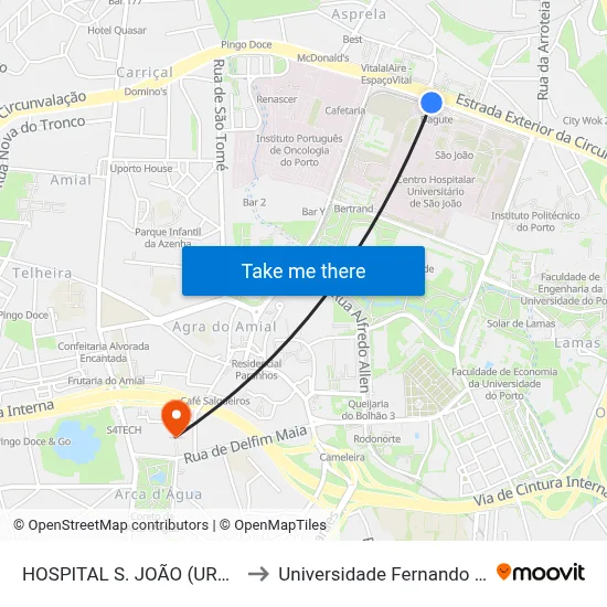 HOSPITAL S. JOÃO (URGÊNCIA) to Universidade Fernando Pessoa map