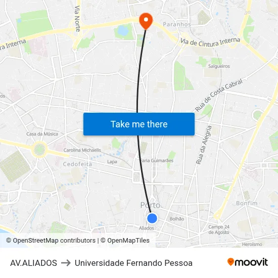 AV.ALIADOS to Universidade Fernando Pessoa map