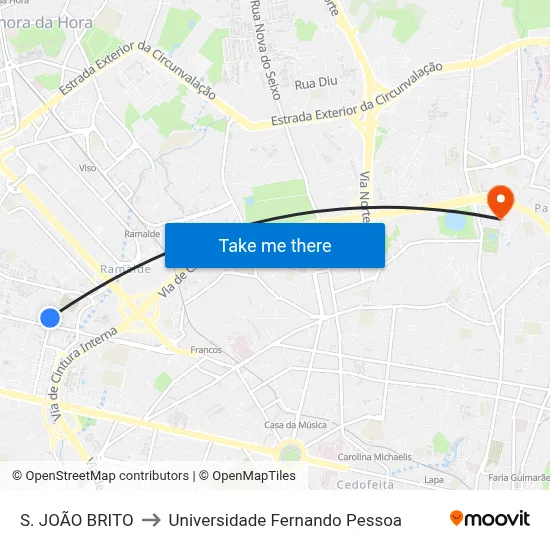 S. JOÃO BRITO to Universidade Fernando Pessoa map