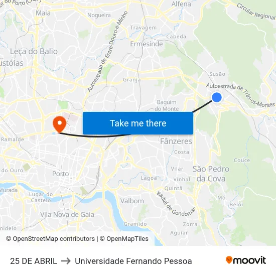 25 DE ABRIL to Universidade Fernando Pessoa map