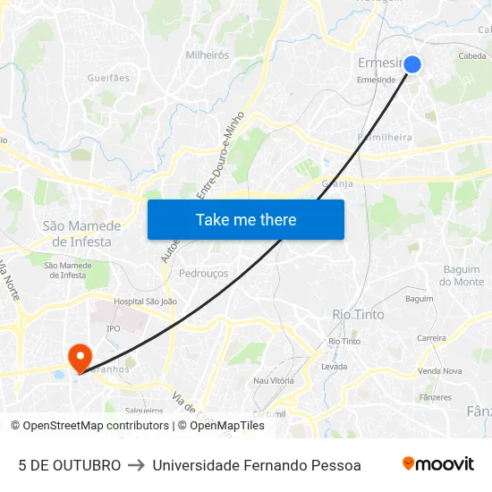 5 DE OUTUBRO to Universidade Fernando Pessoa map