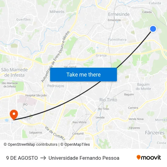 9 DE AGOSTO to Universidade Fernando Pessoa map