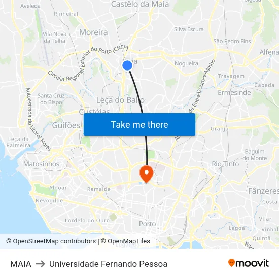 MAIA to Universidade Fernando Pessoa map
