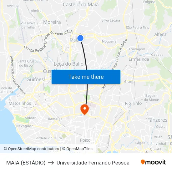 MAIA (ESTÁDIO) to Universidade Fernando Pessoa map