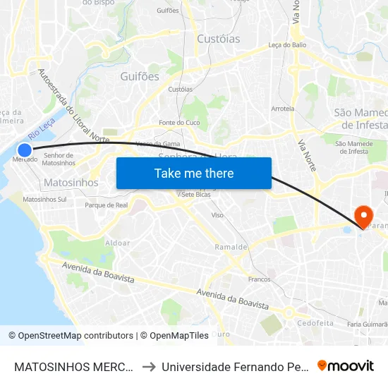 MATOSINHOS MERCADO to Universidade Fernando Pessoa map