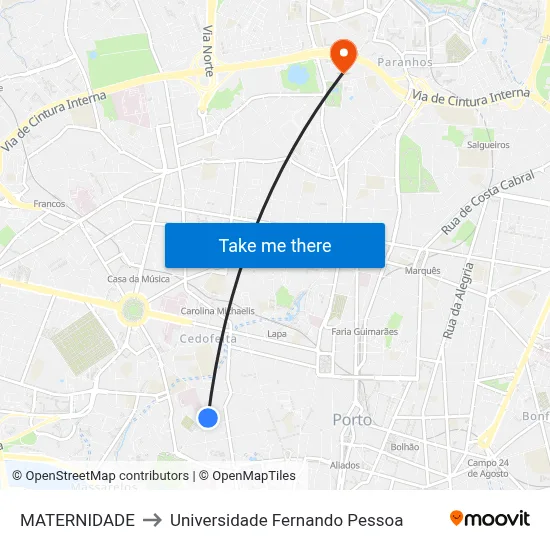 MATERNIDADE to Universidade Fernando Pessoa map