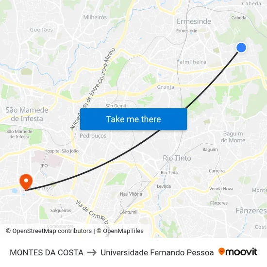 MONTES DA COSTA to Universidade Fernando Pessoa map