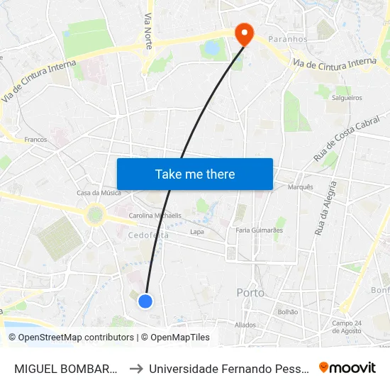 MIGUEL BOMBARDA to Universidade Fernando Pessoa map