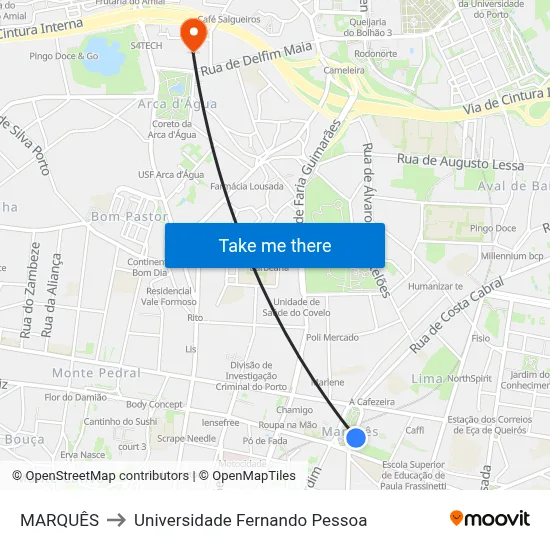 MARQUÊS to Universidade Fernando Pessoa map