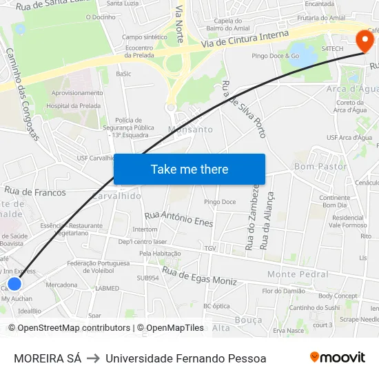 MOREIRA SÁ to Universidade Fernando Pessoa map