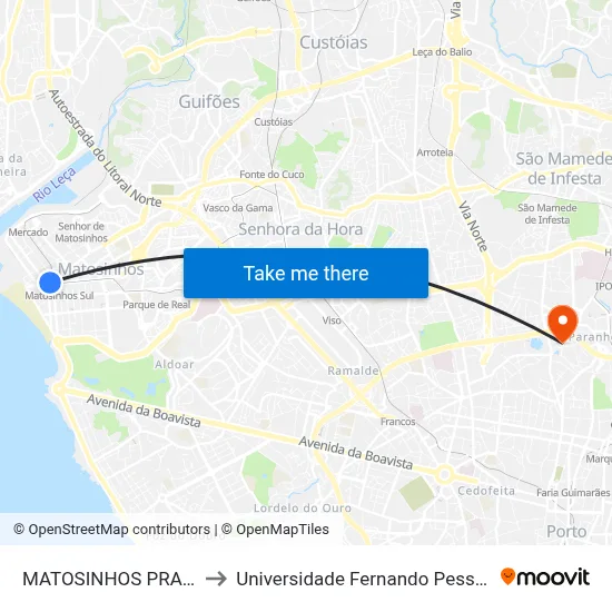 MATOSINHOS PRAIA to Universidade Fernando Pessoa map