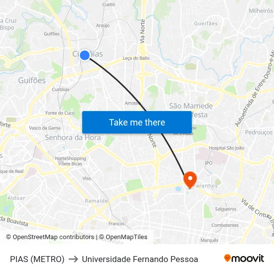 PIAS (METRO) to Universidade Fernando Pessoa map