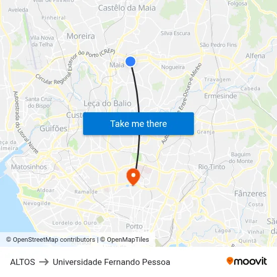 ALTOS to Universidade Fernando Pessoa map