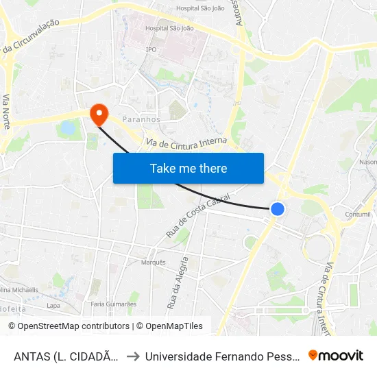 ANTAS (L. CIDADÃO) to Universidade Fernando Pessoa map
