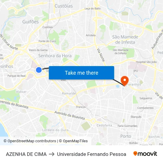 AZENHA DE CIMA to Universidade Fernando Pessoa map
