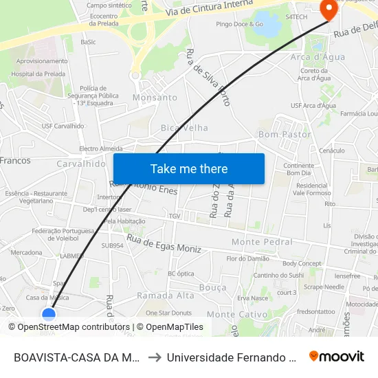 BOAVISTA-CASA DA MÚSICA to Universidade Fernando Pessoa map