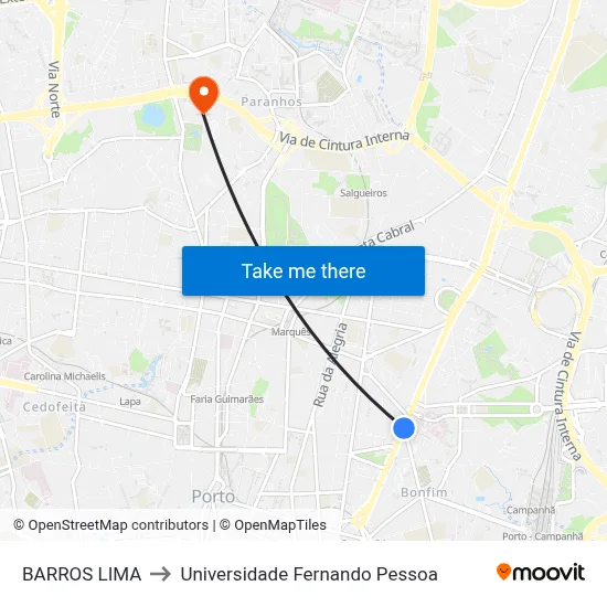 BARROS LIMA to Universidade Fernando Pessoa map