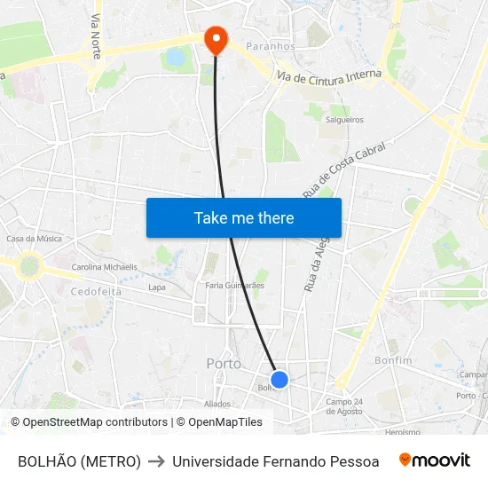 BOLHÃO (METRO) to Universidade Fernando Pessoa map