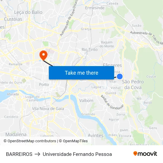 BARREIROS to Universidade Fernando Pessoa map