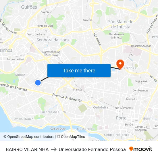 BAIRRO VILARINHA to Universidade Fernando Pessoa map