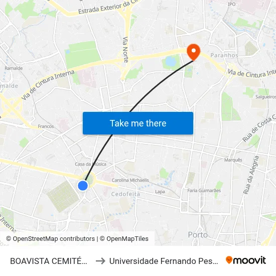 BOAVISTA CEMITÉRIO to Universidade Fernando Pessoa map