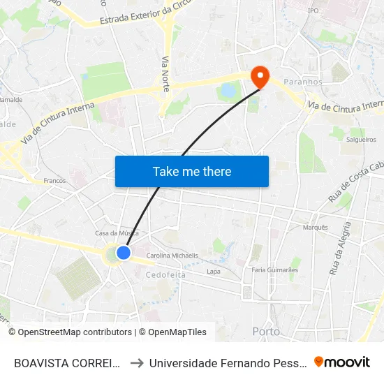 BOAVISTA CORREIOS to Universidade Fernando Pessoa map