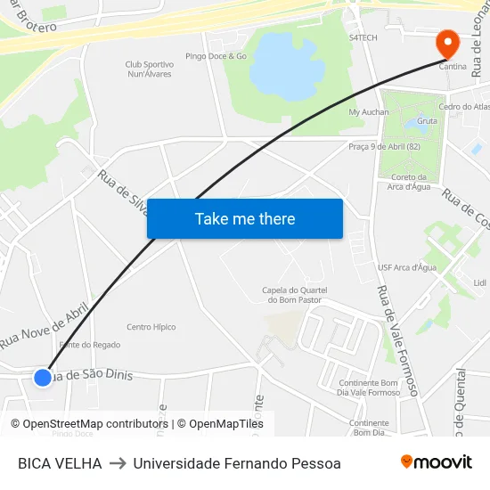 BICA VELHA to Universidade Fernando Pessoa map