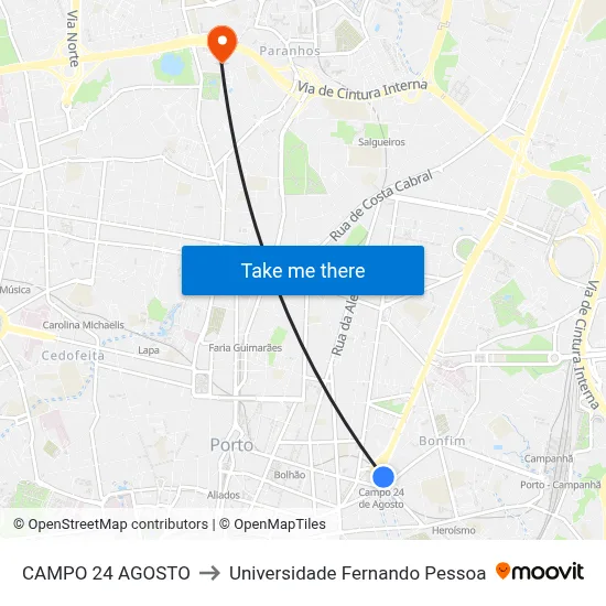 CAMPO 24 AGOSTO to Universidade Fernando Pessoa map