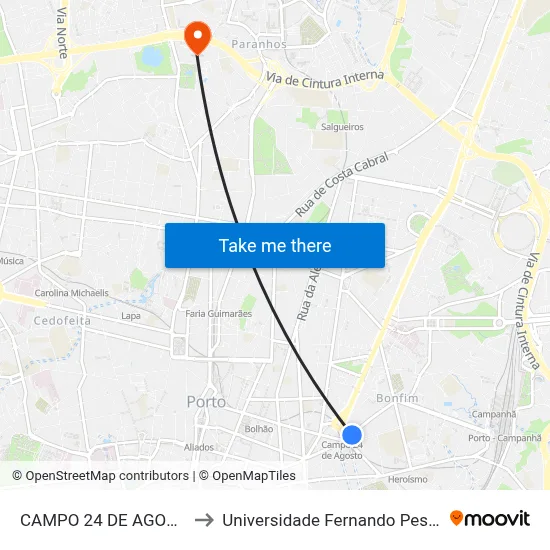 CAMPO 24 DE AGOSTO to Universidade Fernando Pessoa map