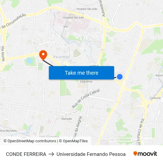 CONDE FERREIRA to Universidade Fernando Pessoa map