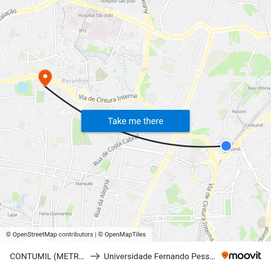 CONTUMIL (METRO) to Universidade Fernando Pessoa map