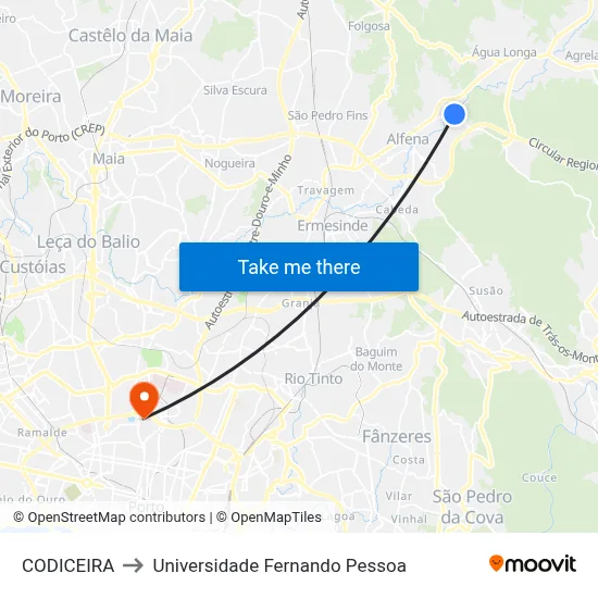 CODICEIRA to Universidade Fernando Pessoa map