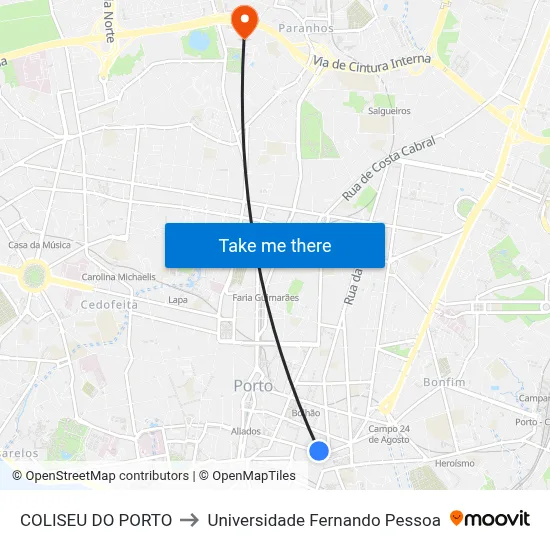 COLISEU DO PORTO to Universidade Fernando Pessoa map