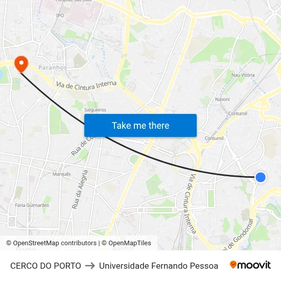 CERCO DO PORTO to Universidade Fernando Pessoa map