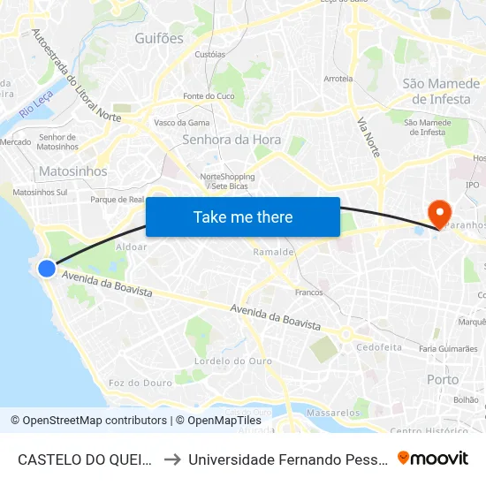 CASTELO DO QUEIJO to Universidade Fernando Pessoa map