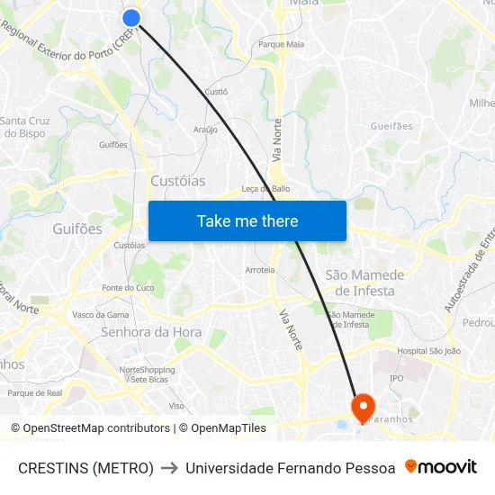 CRESTINS (METRO) to Universidade Fernando Pessoa map