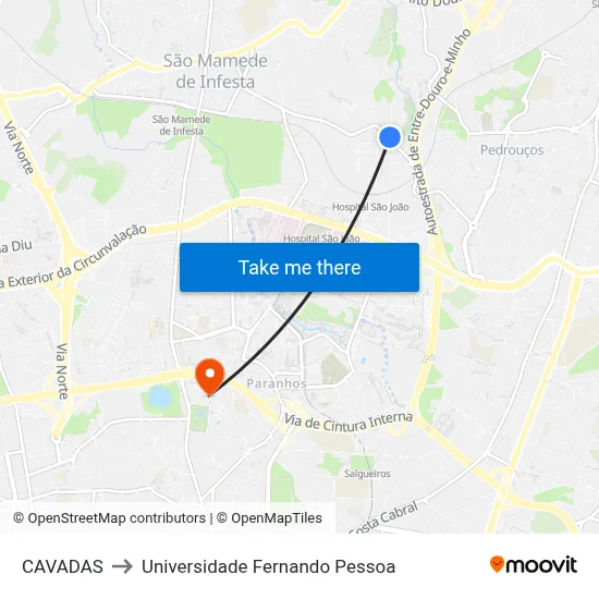 CAVADAS to Universidade Fernando Pessoa map