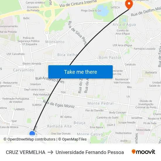 CRUZ VERMELHA to Universidade Fernando Pessoa map