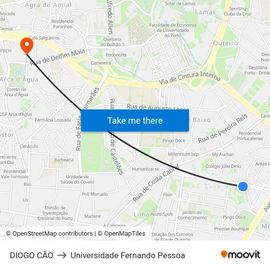 DIOGO CÃO to Universidade Fernando Pessoa map