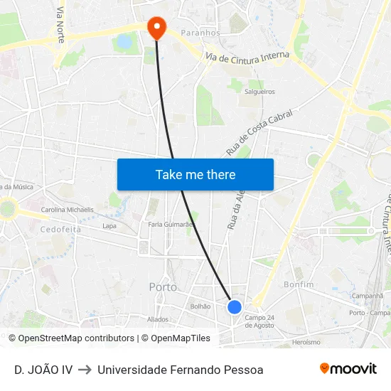 D. JOÃO IV to Universidade Fernando Pessoa map