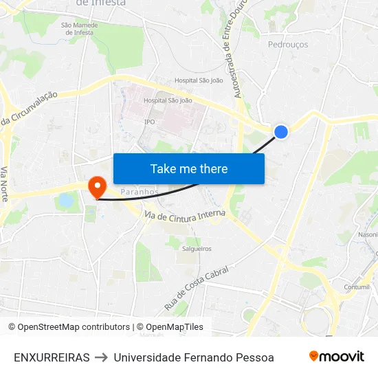 ENXURREIRAS to Universidade Fernando Pessoa map