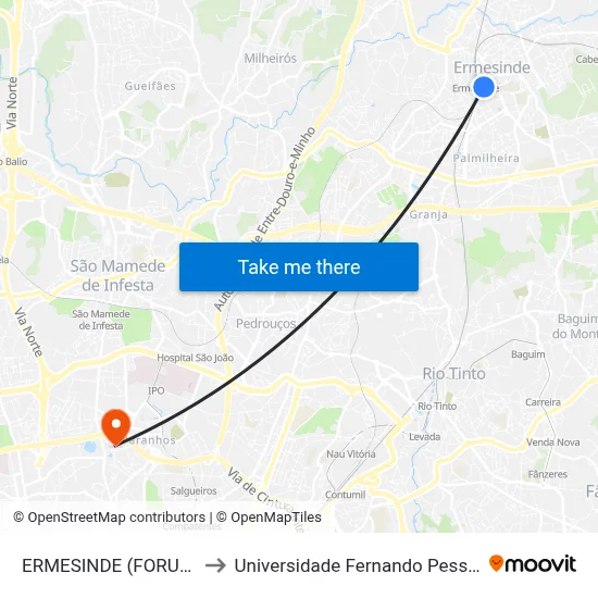 ERMESINDE (FORUM) to Universidade Fernando Pessoa map