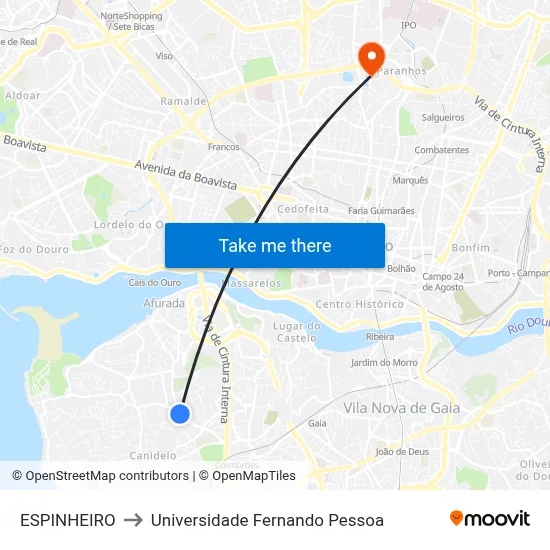 ESPINHEIRO to Universidade Fernando Pessoa map