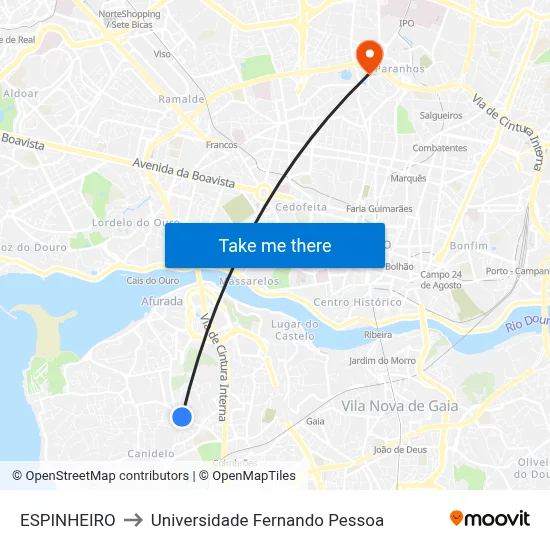 ESPINHEIRO to Universidade Fernando Pessoa map