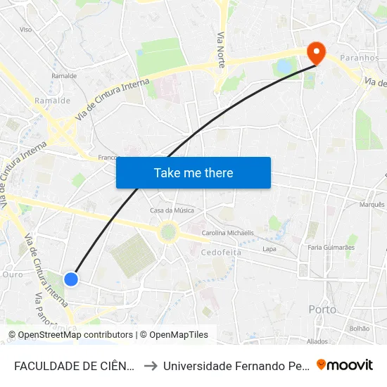 FACULDADE DE CIÊNCIAS to Universidade Fernando Pessoa map
